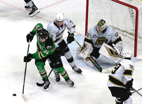 Prince Albert Raiders forward Krzysztof Macias (34) stick handles the puck in front of Brandon Wheat Kings goalie Ethan Eskit (50), defenceman Charlie Elick (7) and forward Easton Odut (39) during Western Hockey League action at Westoba Place on Saturday. (Perry Bergson/The Brandon Sun)
Nov. 9, 2024