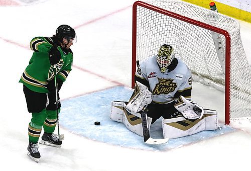 Prince Albert Raiders forward Aiden Oiring (19) watches as the puck bounces off Brandon Wheat Kings goalie Ethan Eskit (50) during Western Hockey League action at Westoba Place on Saturday. (Perry Bergson/The Brandon Sun)
Nov. 9, 2024