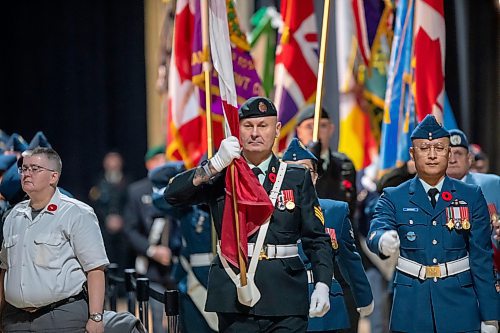 BROOK JONES/FREE PRESS
The Joint Veterans' Association hosts a Remembrance Day Service at the RBC Convention Centre in Winnipeg, Man., Monday, Nov. 11, 2024. This year's service also commemorated the 80th anniversary of D-Day and the Battle of Normandy, the 100th anniversary of the Royal Candian Air Force and the 150th anniversary of the City of Winnipeg. Pictured: Members of the colour party march during the Remembrance Day Service.