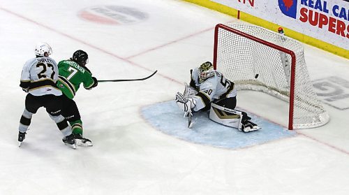 Prince Albert Raiders forward Justice Christensen (7) knocks the puck out of the air and past Brandon Wheat Kings goalie Ethan Eskit (50) for the winning goal in overtime as defenceman Luke Shipley (27) looks on during Western Hockey League action at Westoba Place on Saturday. The Raiders rallied to earn a 5-4 overtime victory. (Perry Bergson/The Brandon Sun)
Nov. 9, 2024