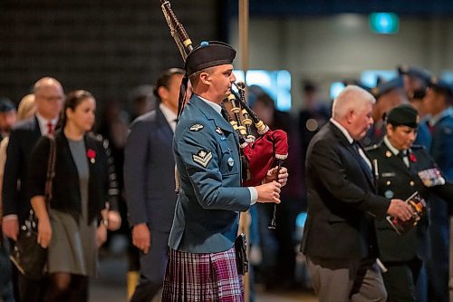 BROOK JONES/FREE PRESS
The Joint Veterans' Association hosts a Remembrance Day Service at the RBC Convention Centre in Winnipeg, Man., Monday, Nov. 11, 2024. This year's service also commemorated the 80th anniversary of D-Day and the Battle of Normandy, the 100th anniversary of the Royal Candian Air Force and the 150th anniversary of the City of Winnipeg. Pictured: A piper (middle) leads in the dignitaries.