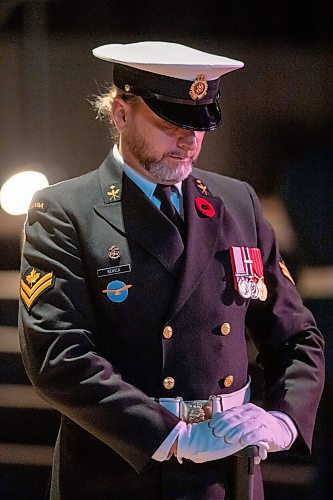 BROOK JONES/FREE PRESS
The Joint Veterans' Association hosts a Remembrance Day Service at the RBC Convention Centre in Winnipeg, Man., Monday, Nov. 11, 2024. This year's service also commemorated the 80th anniversary of D-Day and the Battle of Normandy, the 100th anniversary of the Royal Candian Air Force and the 150th anniversary of the City of Winnipeg. Pictured: Navy Sentry Curtis Bewick stands guard over the cenotaph.