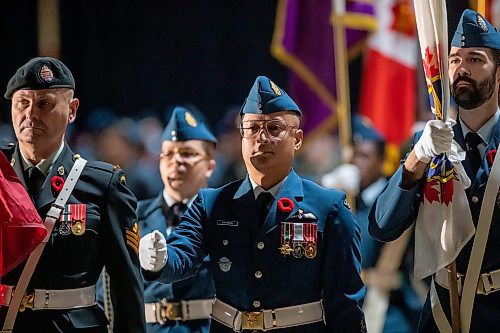 BROOK JONES/FREE PRESS
The Joint Veterans' Association hosts a Remembrance Day Service at the RBC Convention Centre in Winnipeg, Man., Monday, Nov. 11, 2024. This year's service also commemorated the 80th anniversary of D-Day and the Battle of Normandy, the 100th anniversary of the Royal Candian Air Force and the 150th anniversary of the City of Winnipeg. Pictured: Members of the colour party march during the Remembrance Day Service.