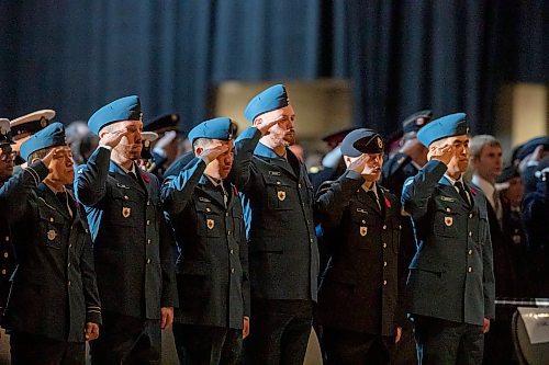 BROOK JONES/FREE PRESS
The Joint Veterans' Association hosts a Remembrance Day Service at the RBC Convention Centre in Winnipeg, Man., Monday, Nov. 11, 2024. This year's service also commemorated the 80th anniversary of D-Day and the Battle of Normandy, the 100th anniversary of the Royal Candian Air Force and the 150th anniversary of the City of Winnipeg. Pictured: Members of the Royal Canadian Air Force salute during the singing and playing of the National anthem of Canada.