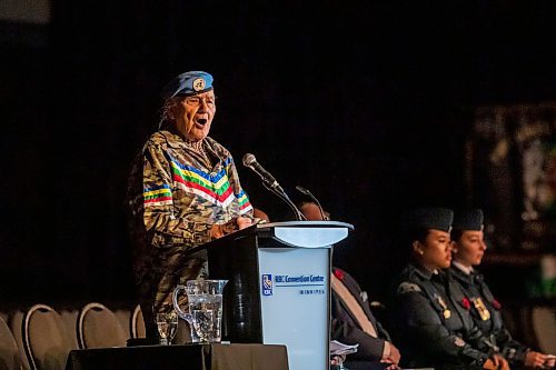 BROOK JONES/FREE PRESS
The Joint Veterans' Association hosts a Remembrance Day Service at the RBC Convention Centre in Winnipeg, Man., Monday, Nov. 11, 2024. This year's service also commemorated the 80th anniversary of D-Day and the Battle of Normandy, the 100th anniversary of the Royal Candian Air Force and the 150th anniversary of the City of Winnipeg. Pictured: Retired Sgt. Winston Wuttunee gives the creators land acknowledgment.