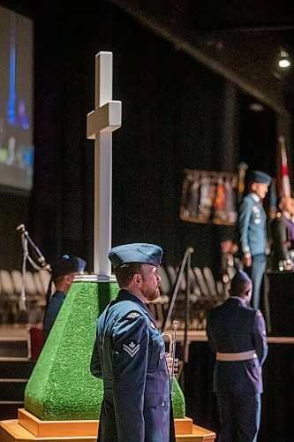 BROOK JONES/FREE PRESS
The Joint Veterans' Association hosts a Remembrance Day Service at the RBC Convention Centre in Winnipeg, Man., Monday, Nov. 11, 2024. This year's service also commemorated the 80th anniversary of D-Day and the Battle of Normandy, the 100th anniversary of the Royal Candian Air Force and the 150th anniversary of the City of Winnipeg. Pictured: A member of the Royal Canadian Air Force stands during a one minute of silence after performming The Last Post.