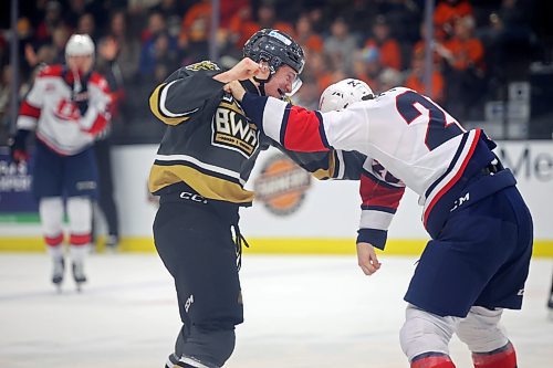 11112024
Mere hours after the moment of silence at the annual Remembrance Day ceremony at Westoba Place the crowd cheers in approval for the violence between Ben Binder Nord #20 of the Brandon Wheat Kings and Chase Petersen #20 of the Lethbridge Hurricanes during WHL action on Monday afternoon.  (Tim Smith/The Brandon Sun)