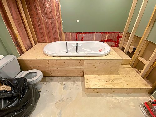 Marc LaBossiere / Free Press
Once the tub deck platform was framed and fully sheathed, stairs were strategically positioned for multiple entry points to the tub.