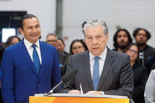 MIKE DEAL / FREE PRESS
Premier Wab Kinew, federal Northern Affairs Minister Dan Vandal, minister responsible for Prairies Economic Development Canada, and Economic Development, Investment, Trade and Natural Resources Minister Jamie Moses along with Brent Ostermann, vice-president, product assurance and quality, StandardAero, announce at a press conference held at StandardAero, that the governments of Canada and Manitoba are investing in training for skilled trades and growing Manitoba&#x2019;s economy through support for StandardAero.
Under the Canada-Manitoba Workforce Development Agreement, the governments of Canada and Manitoba say they are going to provide $510,400 from 2024 to 2027 through the Industry Expansion Program to support StandardAero&#x2019;s employee skill development which includes training of 100 new employees and 1,200 current employees.
241112 - Tuesday, November 12, 2024.