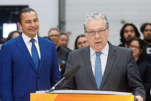 MIKE DEAL / FREE PRESS
Premier Wab Kinew, federal Northern Affairs Minister Dan Vandal, minister responsible for Prairies Economic Development Canada, and Economic Development, Investment, Trade and Natural Resources Minister Jamie Moses along with Brent Ostermann, vice-president, product assurance and quality, StandardAero, announce at a press conference held at StandardAero, that the governments of Canada and Manitoba are investing in training for skilled trades and growing Manitoba&#x2019;s economy through support for StandardAero.
Under the Canada-Manitoba Workforce Development Agreement, the governments of Canada and Manitoba say they are going to provide $510,400 from 2024 to 2027 through the Industry Expansion Program to support StandardAero&#x2019;s employee skill development which includes training of 100 new employees and 1,200 current employees.
241112 - Tuesday, November 12, 2024.