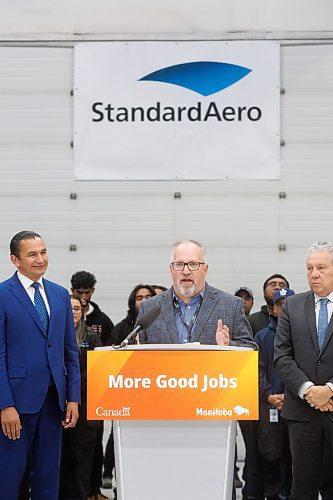 MIKE DEAL / FREE PRESS
Premier Wab Kinew, federal Northern Affairs Minister Dan Vandal, minister responsible for Prairies Economic Development Canada, and Economic Development, Investment, Trade and Natural Resources Minister Jamie Moses along with Brent Ostermann, vice-president, product assurance and quality, StandardAero, announce at a press conference held at StandardAero, that the governments of Canada and Manitoba are investing in training for skilled trades and growing Manitoba&#x2019;s economy through support for StandardAero.
Under the Canada-Manitoba Workforce Development Agreement, the governments of Canada and Manitoba say they are going to provide $510,400 from 2024 to 2027 through the Industry Expansion Program to support StandardAero&#x2019;s employee skill development which includes training of 100 new employees and 1,200 current employees.
241112 - Tuesday, November 12, 2024.