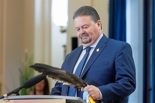 MIKE DEAL / FREE PRESS
lan Bushie (Keewatinook) is sworn in as minister of natural resources. He remains the minister of Indigenous economic development.
Premier Wab Kinew expanded and shuffled his cabinet after a year in office during a ceremony Wednesday morning at the Manitoba Legislative Building. Mike Moroz, the MLA for River Heights, will lead the department of innovation and new technology, an entirely new division. The other two new members of cabinet are Mintu Sandhu (the Maples), who is now minister of the delivery of public services, and Nellie Kennedy (Assiniboia), who is now minister of sport, culture, heritage and tourism.
Jamie Moses (St. Vital) is now minister of business, mining, trade and job creation.
lan Bushie (Keewatinook) is now minister of natural resources. He remains the minister of Indigenous economic development.
Glen Simard (Brandon East) is now minister of municipal and northern relations.
Lisa Naylor (Wolseley) remains minister of transportation and infrastructure but is no longer minister of consumer protection and government services, the news release stated.
Including the premier, there are now 19 cabinet members.
Reporter: Carol Sanders
241113 - Wednesday, November 13, 2024.