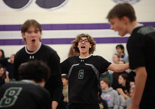 Aiden Moore (6) of the Neelin Spartans celebrates a point with teammates during the junior varsity volleyball city championship against the Vincent Massey Vikings at VMHS on Wednesday evening. (Tim Smith/The Brandon Sun)