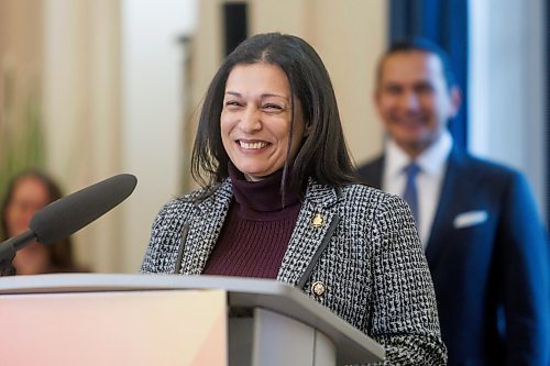 MIKE DEAL / FREE PRESS
Nellie Kennedy (Assiniboia), is sworn in as minister of sport, culture, heritage and tourism.
Premier Wab Kinew expanded and shuffled his cabinet after a year in office during a ceremony Wednesday morning at the Manitoba Legislative Building. Mike Moroz, the MLA for River Heights, will lead the department of innovation and new technology, an entirely new division. The other two new members of cabinet are Mintu Sandhu (the Maples), who is now minister of the delivery of public services, and Nellie Kennedy (Assiniboia), who is now minister of sport, culture, heritage and tourism.
Jamie Moses (St. Vital) is now minister of business, mining, trade and job creation.
lan Bushie (Keewatinook) is now minister of natural resources. He remains the minister of Indigenous economic development.
Glen Simard (Brandon East) is now minister of municipal and northern relations.
Lisa Naylor (Wolseley) remains minister of transportation and infrastructure but is no longer minister of consumer protection and government services, the news release stated.
Including the premier, there are now 19 cabinet members.
Reporter: Carol Sanders
241113 - Wednesday, November 13, 2024.