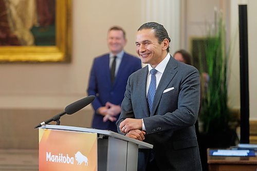 MIKE DEAL / FREE PRESS
Premier Wab Kinew expanded and shuffled his cabinet after a year in office during a ceremony Wednesday morning at the Manitoba Legislative Building. Mike Moroz, the MLA for River Heights, will lead the department of innovation and new technology, an entirely new division. The other two new members of cabinet are Mintu Sandhu (the Maples), who is now minister of the delivery of public services, and Nellie Kennedy (Assiniboia), who is now minister of sport, culture, heritage and tourism.
Jamie Moses (St. Vital) is now minister of business, mining, trade and job creation.
lan Bushie (Keewatinook) is now minister of natural resources. He remains the minister of Indigenous economic development.
Glen Simard (Brandon East) is now minister of municipal and northern relations.
Lisa Naylor (Wolseley) remains minister of transportation and infrastructure but is no longer minister of consumer protection and government services, the news release stated.
Including the premier, there are now 19 cabinet members.
Reporter: Carol Sanders
241113 - Wednesday, November 13, 2024.