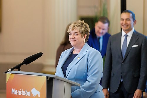 MIKE DEAL / FREE PRESS
Lisa Naylor (Wolseley) is sworn in as minister of transportation and infrastructure but is no longer minister of consumer protection and government services.
Premier Wab Kinew expanded and shuffled his cabinet after a year in office during a ceremony Wednesday morning at the Manitoba Legislative Building. Mike Moroz, the MLA for River Heights, will lead the department of innovation and new technology, an entirely new division. The other two new members of cabinet are Mintu Sandhu (the Maples), who is now minister of the delivery of public services, and Nellie Kennedy (Assiniboia), who is now minister of sport, culture, heritage and tourism.
Jamie Moses (St. Vital) is now minister of business, mining, trade and job creation.
lan Bushie (Keewatinook) is now minister of natural resources. He remains the minister of Indigenous economic development.
Glen Simard (Brandon East) is now minister of municipal and northern relations.
Lisa Naylor (Wolseley) remains minister of transportation and infrastructure but is no longer minister of consumer protection and government services, the news release stated.
Including the premier, there are now 19 cabinet members.
Reporter: Carol Sanders
241113 - Wednesday, November 13, 2024.