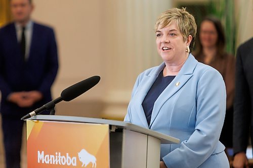 MIKE DEAL / FREE PRESS
Lisa Naylor (Wolseley) is sworn in as minister of transportation and infrastructure but is no longer minister of consumer protection and government services.
Premier Wab Kinew expanded and shuffled his cabinet after a year in office during a ceremony Wednesday morning at the Manitoba Legislative Building. Mike Moroz, the MLA for River Heights, will lead the department of innovation and new technology, an entirely new division. The other two new members of cabinet are Mintu Sandhu (the Maples), who is now minister of the delivery of public services, and Nellie Kennedy (Assiniboia), who is now minister of sport, culture, heritage and tourism.
Jamie Moses (St. Vital) is now minister of business, mining, trade and job creation.
lan Bushie (Keewatinook) is now minister of natural resources. He remains the minister of Indigenous economic development.
Glen Simard (Brandon East) is now minister of municipal and northern relations.
Lisa Naylor (Wolseley) remains minister of transportation and infrastructure but is no longer minister of consumer protection and government services, the news release stated.
Including the premier, there are now 19 cabinet members.
Reporter: Carol Sanders
241113 - Wednesday, November 13, 2024.