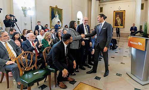 MIKE DEAL / FREE PRESS
Premier Wab Kinew expanded and shuffled his cabinet after a year in office during a ceremony Wednesday morning at the Manitoba Legislative Building. Mike Moroz, the MLA for River Heights, will lead the department of innovation and new technology, an entirely new division. The other two new members of cabinet are Mintu Sandhu (the Maples), who is now minister of the delivery of public services, and Nellie Kennedy (Assiniboia), who is now minister of sport, culture, heritage and tourism.
Jamie Moses (St. Vital) is now minister of business, mining, trade and job creation.
lan Bushie (Keewatinook) is now minister of natural resources. He remains the minister of Indigenous economic development.
Glen Simard (Brandon East) is now minister of municipal and northern relations.
Lisa Naylor (Wolseley) remains minister of transportation and infrastructure but is no longer minister of consumer protection and government services, the news release stated.
Including the premier, there are now 19 cabinet members.
Reporter: Carol Sanders
241113 - Wednesday, November 13, 2024.