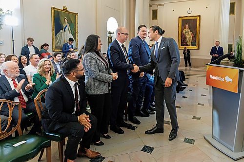 MIKE DEAL / FREE PRESS
Premier Wab Kinew expanded and shuffled his cabinet after a year in office during a ceremony Wednesday morning at the Manitoba Legislative Building. Mike Moroz, the MLA for River Heights, will lead the department of innovation and new technology, an entirely new division. The other two new members of cabinet are Mintu Sandhu (the Maples), who is now minister of the delivery of public services, and Nellie Kennedy (Assiniboia), who is now minister of sport, culture, heritage and tourism.
Jamie Moses (St. Vital) is now minister of business, mining, trade and job creation.
lan Bushie (Keewatinook) is now minister of natural resources. He remains the minister of Indigenous economic development.
Glen Simard (Brandon East) is now minister of municipal and northern relations.
Lisa Naylor (Wolseley) remains minister of transportation and infrastructure but is no longer minister of consumer protection and government services, the news release stated.
Including the premier, there are now 19 cabinet members.
Reporter: Carol Sanders
241113 - Wednesday, November 13, 2024.