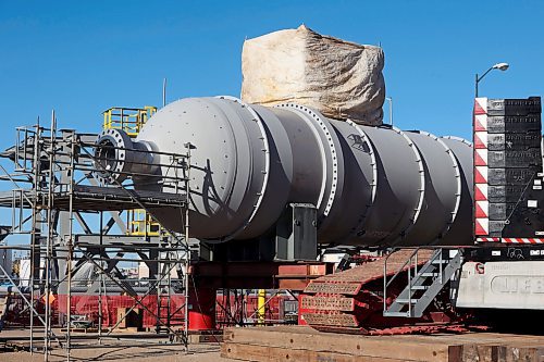 13112024
Part of a new 393 metric ton convertor at Koch Fertilizer&#x2019;s Brandon plant on Wednesday. A portion of the convertor is expected to be lifted into place by cranes today and installation is expected to be completed by sometime next week. 
(Tim Smith/The Brandon Sun)