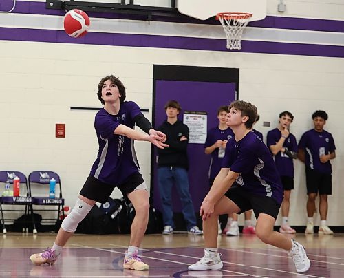 13112024
Cohen Folkerts #12 of the Vincent Massey Vikings bumps the ball during the junior varsity volleyball city championship against the Neelin Spartans at VMHS on Wednesday evening. 
(Tim Smith/The Brandon Sun)