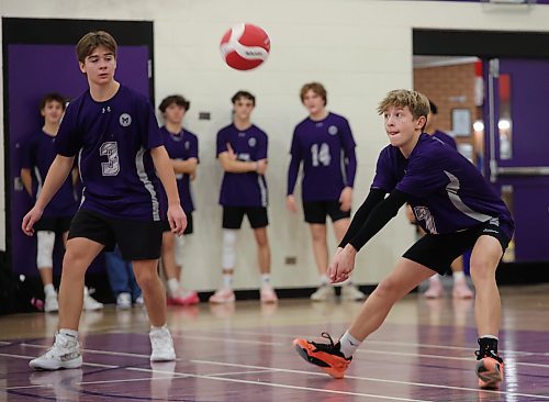 13112024
Lucas Langston #7 of the Vincent Massey Vikings bumps the ball during the junior varsity volleyball city championship against the Neelin Spartans at VMHS on Wednesday evening. 
(Tim Smith/The Brandon Sun)