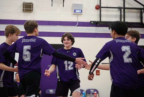 13112024
The Vincent Massey Vikings celebrate a point during the junior varsity volleyball city championship against the Neelin Spartans at VMHS on Wednesday evening. 
(Tim Smith/The Brandon Sun)