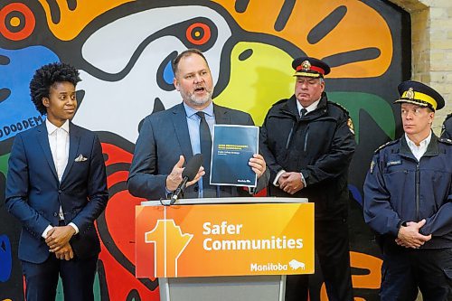 MIKE DEAL / FREE PRESS
Justice Minister Matt Wiebe unveils the new Safer Neighbourhoods, Safer Downtowns Public Safety Strategy, which they claim will be a roadmap for a safer Manitoba, during a press conference at The Forks Thursday afternoon.
Reporter: Tyler Searle
241114 - Thursday, November 14, 2024.