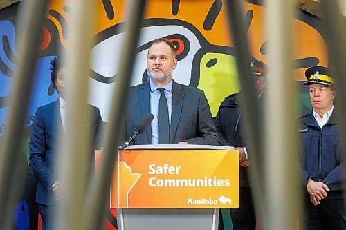 MIKE DEAL / FREE PRESS
Justice Minister Matt Wiebe unveils the new Safer Neighbourhoods, Safer Downtowns Public Safety Strategy, which they claim will be a roadmap for a safer Manitoba, during a press conference at The Forks Thursday afternoon.
Reporter: Tyler Searle
241114 - Thursday, November 14, 2024.