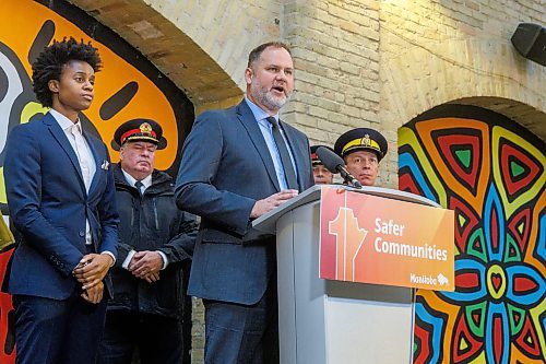 MIKE DEAL / FREE PRESS
Justice Minister Matt Wiebe unveils the new Safer Neighbourhoods, Safer Downtowns Public Safety Strategy, which they claim will be a roadmap for a safer Manitoba, during a press conference at The Forks Thursday afternoon.
Reporter: Tyler Searle
241114 - Thursday, November 14, 2024.