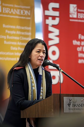 14112024
Malaya Marcelino, Provincial Minister of Labour and Immigration, speaks at Brandon City Hall during the announcement of a new collaboration between the City of Brandon and the Manitoba Department of Labour and Immigration on Thursday. The Wheat City and the province are introducing a new immigration initiative called the Brandon Manitoba Provincial Nominee Program Immigration Initiative.  (Tim Smith/The Brandon Sun)