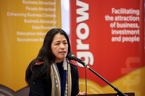 14112024
Malaya Marcelino, Provincial Minister of Labour and Immigration, speaks at Brandon City Hall during the announcement of a new collaboration between the City of Brandon and the Manitoba Department of Labour and Immigration on Thursday. The Wheat City and the province are introducing a new immigration initiative called the Brandon Manitoba Provincial Nominee Program Immigration Initiative.  (Tim Smith/The Brandon Sun)