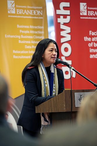 14112024
Malaya Marcelino, Provincial Minister of Labour and Immigration, speaks at Brandon City Hall during the announcement of a new collaboration between the City of Brandon and the Manitoba Department of Labour and Immigration on Thursday. The Wheat City and the province are introducing a new immigration initiative called the Brandon Manitoba Provincial Nominee Program Immigration Initiative.  (Tim Smith/The Brandon Sun)