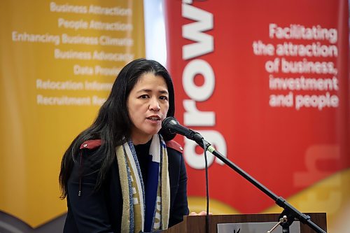 14112024
Malaya Marcelino, Provincial Minister of Labour and Immigration, speaks at Brandon City Hall during the announcement of a new collaboration between the City of Brandon and the Manitoba Department of Labour and Immigration on Thursday. The Wheat City and the province are introducing a new immigration initiative called the Brandon Manitoba Provincial Nominee Program Immigration Initiative.  (Tim Smith/The Brandon Sun)