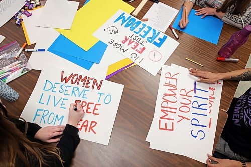 14112024
Staff members with the Women&#x2019;s Resource Centre create signs and placards on Thursday afternoon for marchers to carry during Thursday evening&#x2019;s Take Back The Night march. November marks Domestic Violence Awareness Month and the annual march brings attention to gender-based and sexual violence. (Tim Smith/The Brandon Sun)