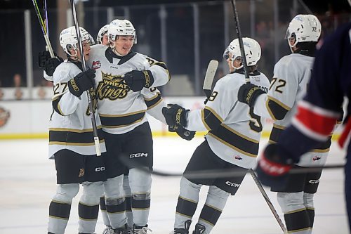 Teammates crowd rush Nicholas Johnson #62 of the Brandon Wheat Kings to celebrate his goal during WHL action against the Regina Pats at Westoba Place on Friday evening. 
(Tim Smith/The Brandon Sun)