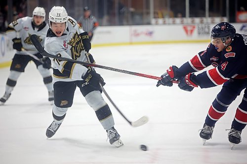 Marcus Nguyen #72 of the Brandon Wheat Kings takes a shot on net as Kolten Bridgeman #4 of the Regina Pats tries to block him during WHL action at Westoba Place on Friday evening. 
(Tim Smith/The Brandon Sun)