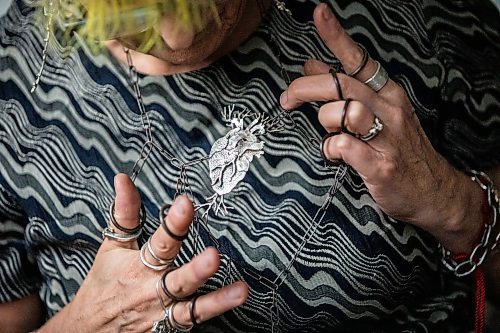 MIKAELA MACKENZIE / FREE PRESS
Karen Schmidt Humiski and her handmade jewelry in Winnipeg on Thursday, Nov. 14, 2024. She has been working with silver for 43 years, 30 of which were spent teaching jewelry and metal smithing.
For AV story
Winnipeg Free Press 2024