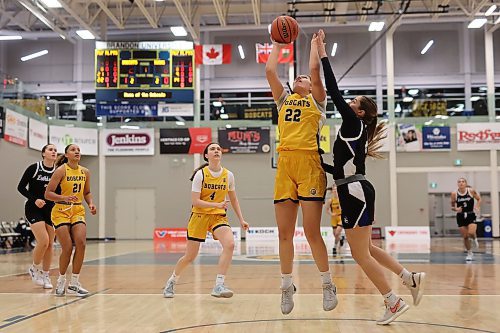 15112024
Jayna Maytwayashing #22 of the Brandon University Bobcats leaps to take a shot on net during university women&#x2019;s basketball action against the University of Lethbridge Pronghorns at the BU Healthy Living Centre on Friday evening. 
(Tim Smith/The Brandon Sun)