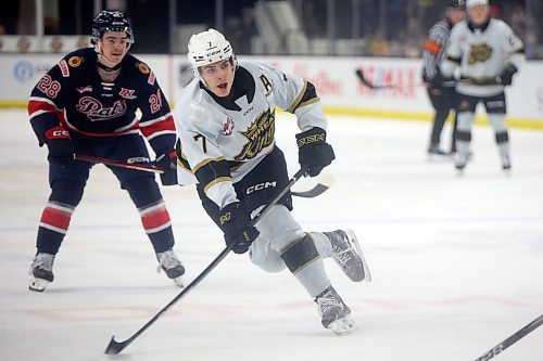 15112024
Charlie Elick #7 of the Brandon Wheat Kings fires off a shot during WHL action against the Regina Pats at Westoba Place on Friday evening. 
(Tim Smith/The Brandon Sun)