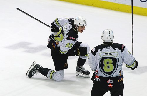 Brandon Wheat Kings forward Dominik Petr (82) celebrates his overtime goal as teammate Quinn Mantei skates over to congratulate him after they beat the visiting Regina Pats 4-3 in Western Hockey League action at Westoba Place on Saturday. (Perry Bergson/The Brandon Sun)
Nov. 16, 2024