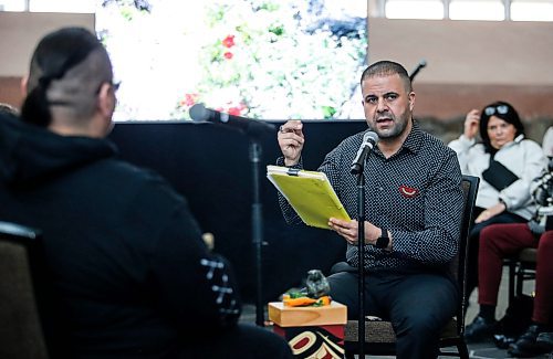 JOHN WOODS / FREE PRESS
Izzaddin Hawamda from Palestine, artist/creator, performs a spoken word piece during the One Land, Two Hearts event at Canadian Museum For Human Rights (CMHR) Sunday, November 17, 2024. The event showcased creative work from the WhereWeStand project, a collaborative effort to highlight the relationships between indigenous communities and newcomers. 

Reporter: standup