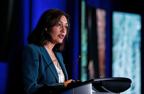 JOHN WOODS / WINNIPEG FREE PRESS
Isha Khan, Chief Executive Officer of the Canadian Museum of Human Rights (CMHR), speaks at the CSIS Director&#x2019;s Annual Speech in the CMHR in Winnipeg Monday, December 11, 2023. 

Reporter: ?