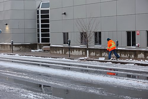 A Livingstone Landscaping employee clearing snow on 10th Str. on Sunday morning after the Saturday fall. Environment Canada senior meteorologist Dan Fulton said Brandonites should expect a stark contrast to the current mild conditions, “We are looking at a fairly significant storm that’s going to affect the region. For Tuesday, you can expect probably early morning hours some rain or possibly some freezing rain, depending on the temperature. But that will probably change to snow on Tuesday, and then we’re looking at fairly significant snow." (Abiola odutola/The Brandon Sun)