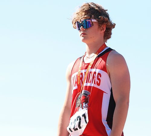 Jack Clark of Wawanesa won the provincial junior varsity boys discus throw in 2023 with a winning toss of 32.87m, almost a metre longer than Jack Vandersteen of Stonewall, who finished in second with a throw of 31.99m. (Perry Bergson/The Brandon Sun)
