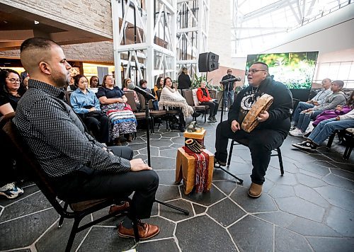 JOHN WOODS / FREE PRESS
Izzaddin Hawamda from Palestine, left, and Aaron Michael McKay Mashikaydun, artists/creators, perform during the One Land, Two Hearts event at Canadian Museum For Human Rights (CMHR) Sunday, November 17, 2024. The event showcased creative work from the WhereWeStand project, a collaborative effort to highlight the relationships between indigenous communities and newcomers. 

Reporter: standup