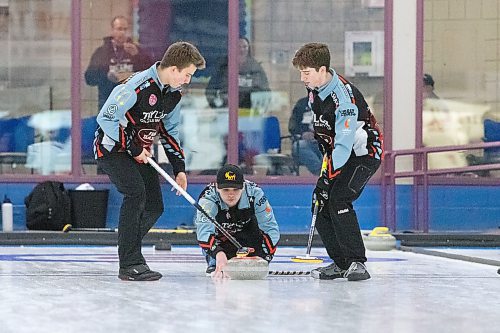 Virden’s Jace Freeman delivers a rock en route to his team’s second consecutive Sun Life Junior Challenge at the Brandon Curling Club. (Matt Packwood/The Brandon Sun)