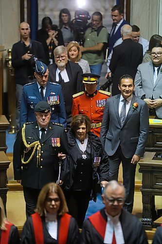 Mike Deal / Free Press
Lieutenant-Governor Anita R. Neville  and Premier Wab Kinew enter the Assembly Chamber for the Throne speech Tuesday afternoon. 
241119 - Tuesday, November 19, 2024.