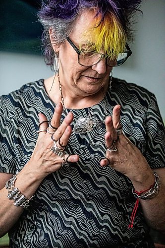 MIKAELA MACKENZIE / FREE PRESS
	
Karen Schmidt Humiski and her handmade jewelry in Winnipeg on Thursday, Nov. 14, 2024. She has been working with silver for 43 years, 30 of which were spent teaching jewelry and metal smithing.

For AV story
Winnipeg Free Press 2024