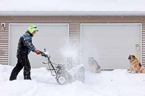 20112024
Trysten Jefferies uses a snowblower to clear snow from the driveway of his home in Souris as his dogs Argon and Heli look on during flurries on Wednesday afternoon. An overnight winter storm blanketed Westman in snow.  (Tim Smith/The Brandon Sun)